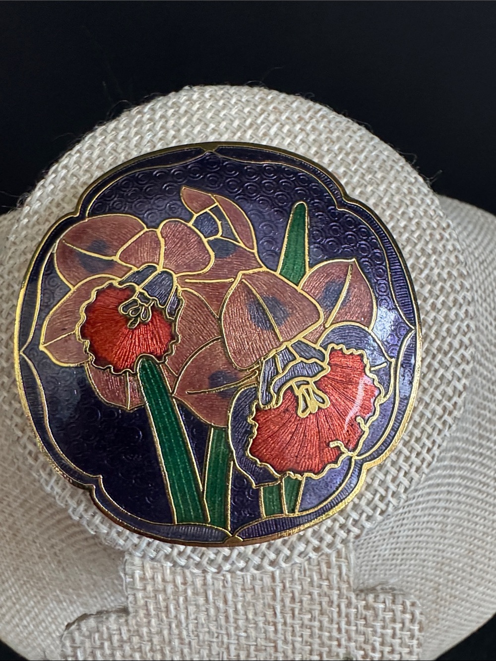 VTG Cloisonne Belt Buckle Scarf Slide Daffodil Flower Gold tone 1970s 1980s